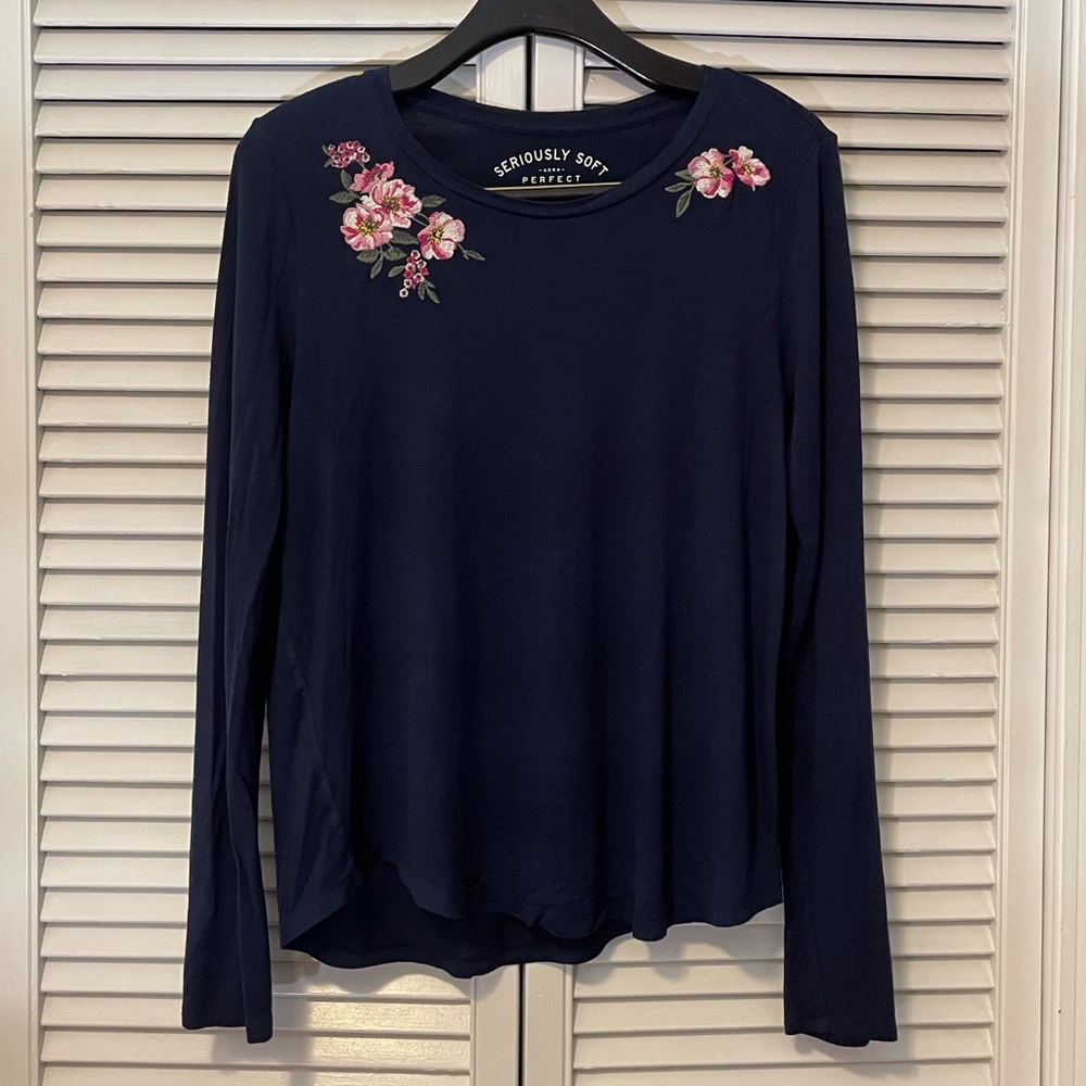 Aeropostale Blue with Embroidered Flowers Longe Sleeve